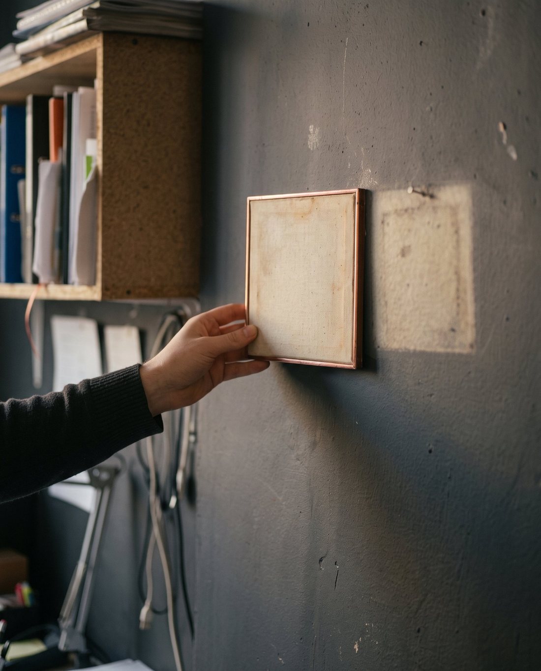 Mão segurando um quadro de moldura cobre na parede, ao lado da marca clara deixada no lugar onde ele ficava antes
