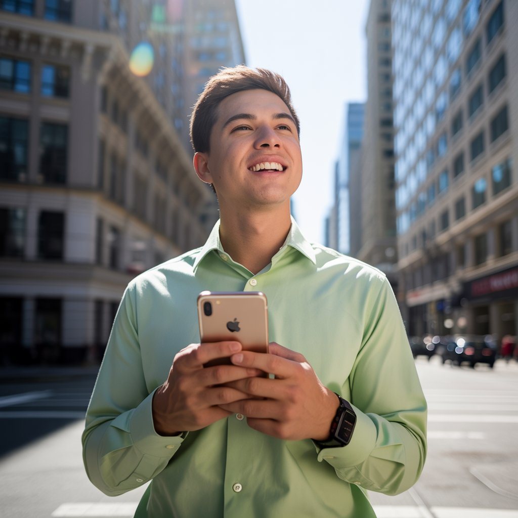 Homem sorrindo na rua segurando o celular, depois de uma boa experiência com uma marca