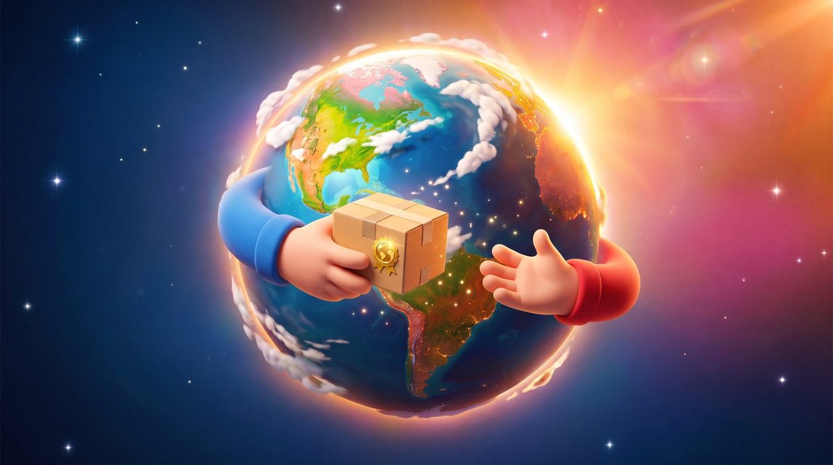 Ilustração de um planeta Terra com duas mãos trocando uma caixa de encomenda entre continentes