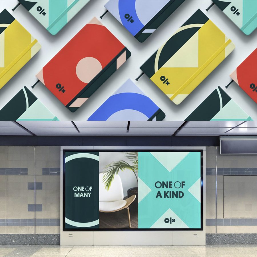 Cadernos e painel publicitário com a nova identidade da OLX, de formas geométricas coloridas